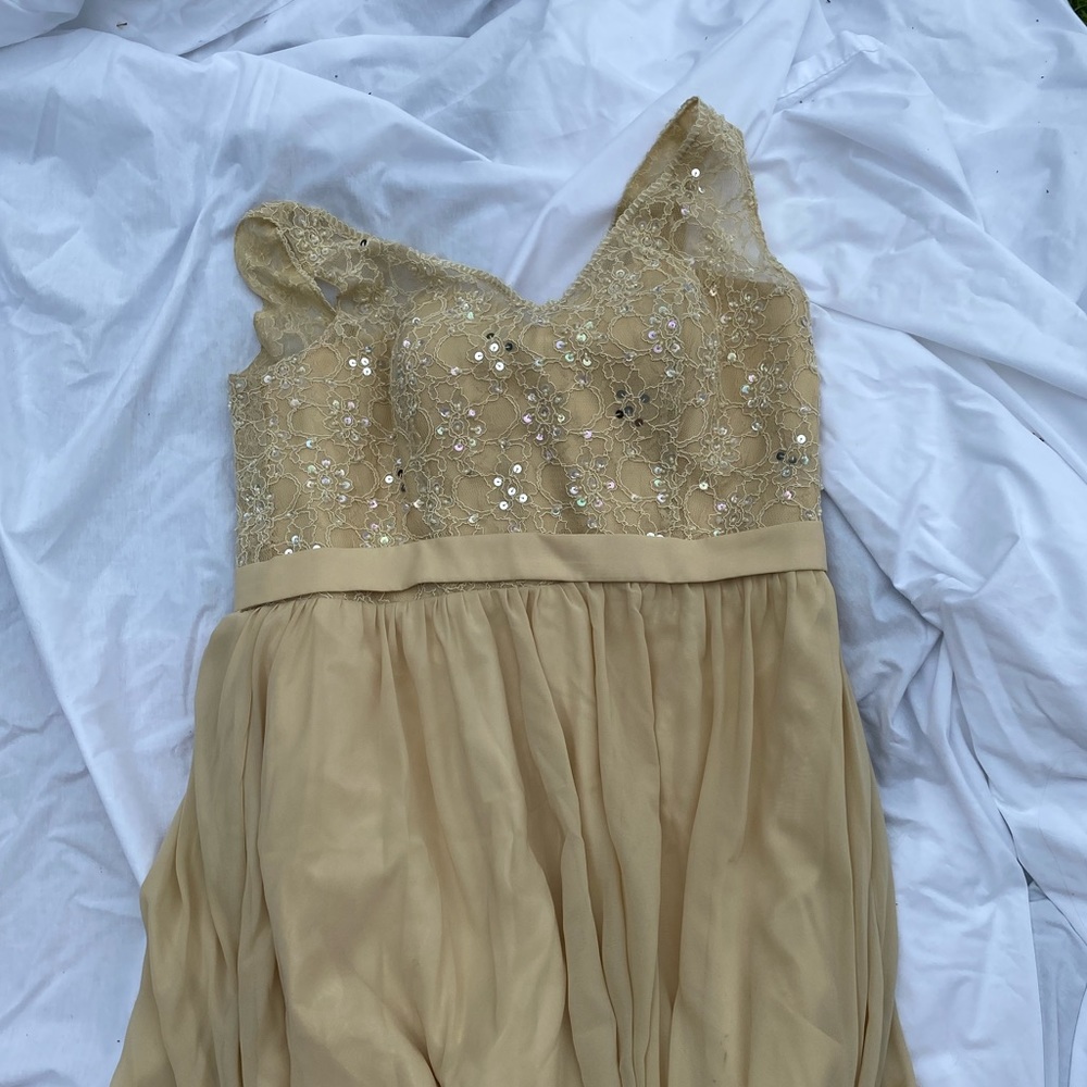 Tan floor length dress. Slip underneath.
